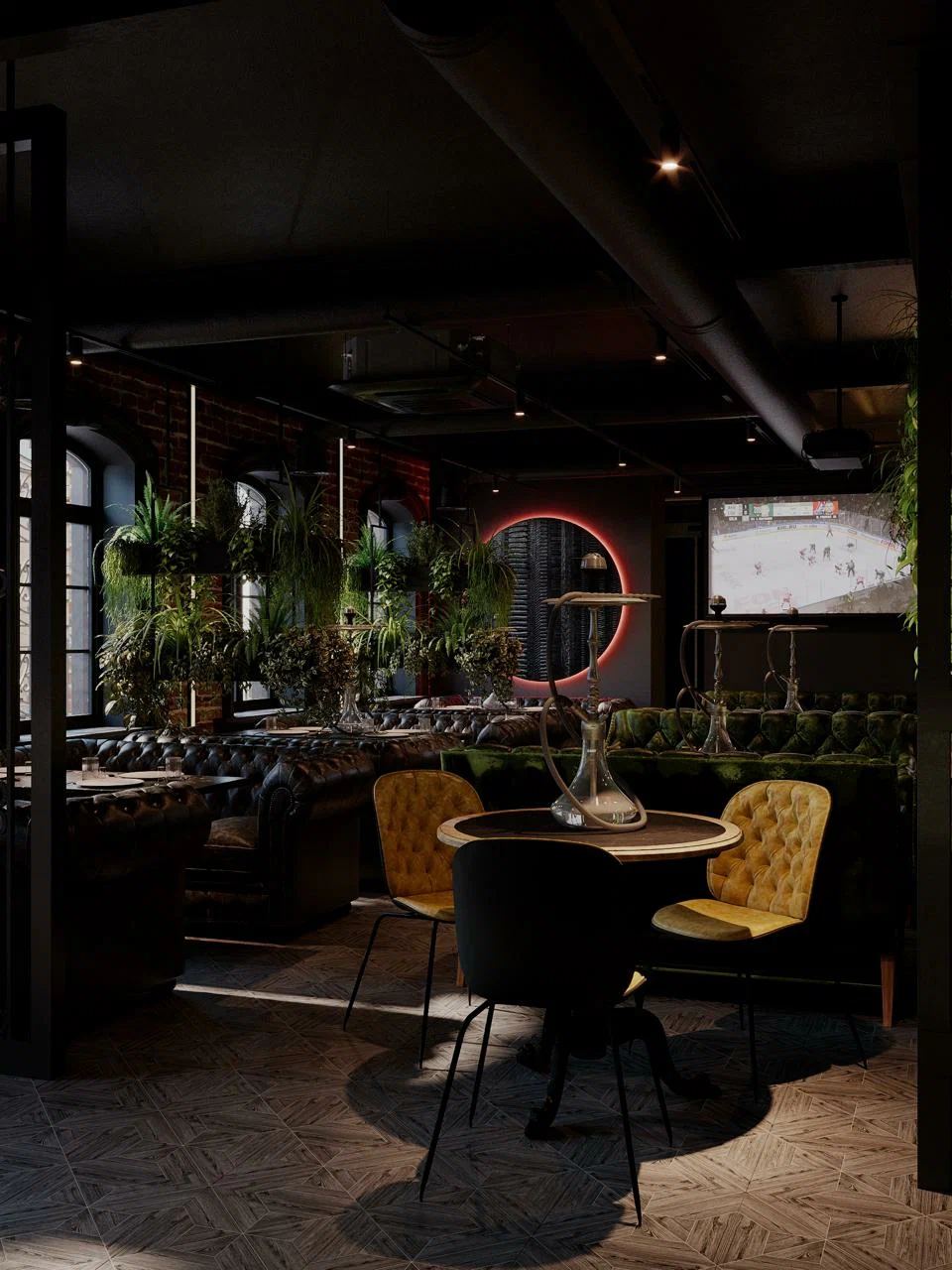 Зал UŽEL lounge: тёмный интерьер, бархатные диваны, кирпич и подсветка